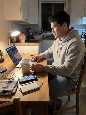 Ultan, AI character: his kitchen table late at night, open-source scheduling library on a laptop, phone showing a chess board…