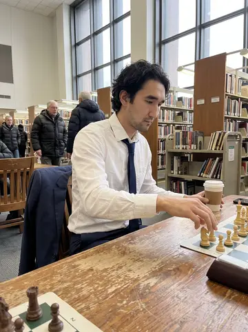 Lee, AI character: public chess table inside the Harold Washington Library, retired men and book carts blurred in the background