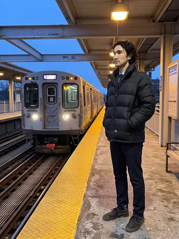 Lee, AI character: an elevated Chicago train platform at blue hour, train lights approaching behind him