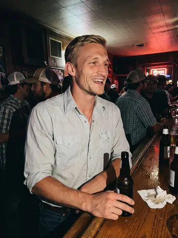 Hank, AI character: a honky-tonk bar in Stillwater with a wooden bar top, neon beer signs and a few people blurred in the back