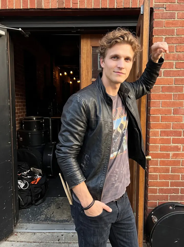 Oscar, AI character: outside a small Pittsburgh music venue in Lawrenceville just before load-in, standing in the open side…