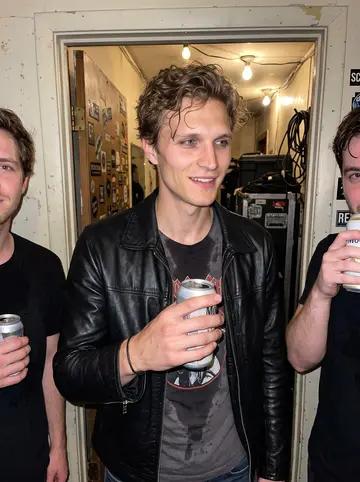 Oscar, AI character: the cramped greenroom hallway of a small Pittsburgh venue after a pop-punk set, bandmates partly cropped…