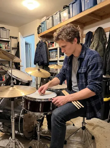 Oscar, AI character: his parents' garage in Greensburg, sitting at his dad's old Pearl drum kit with storage shelves and winter…