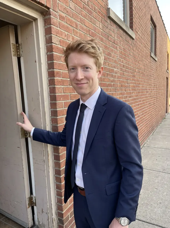 Dominick, AI character: outside a brick wedding venue near Lake Erie in Buffalo, standing by the open side door before the…