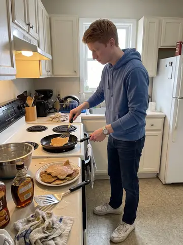 Dominick, AI character: his small Buffalo apartment kitchen on Sunday morning, mixing bowl, maple syrup bottle and a plate of…