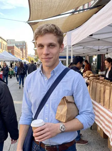 Joey, AI character: Saturday morning at the North Market farmers market in Columbus, standing near the sourdough stall with…