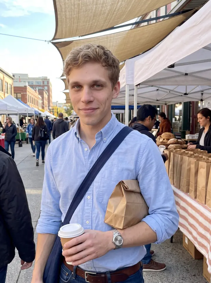 Joey, AI character: Saturday morning at the North Market farmers market in Columbus, standing near the sourdough stall with…