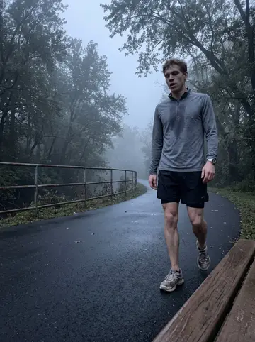 Joey, AI character: Olentangy Trail before sunrise in Columbus, river railings and damp trees behind him in light fog
