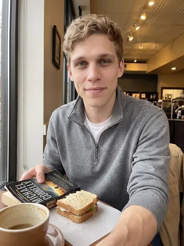 Joey, AI character: a quiet Columbus cafe on a gray afternoon, a worn Michael Connelly paperback and half a sandwich on the…