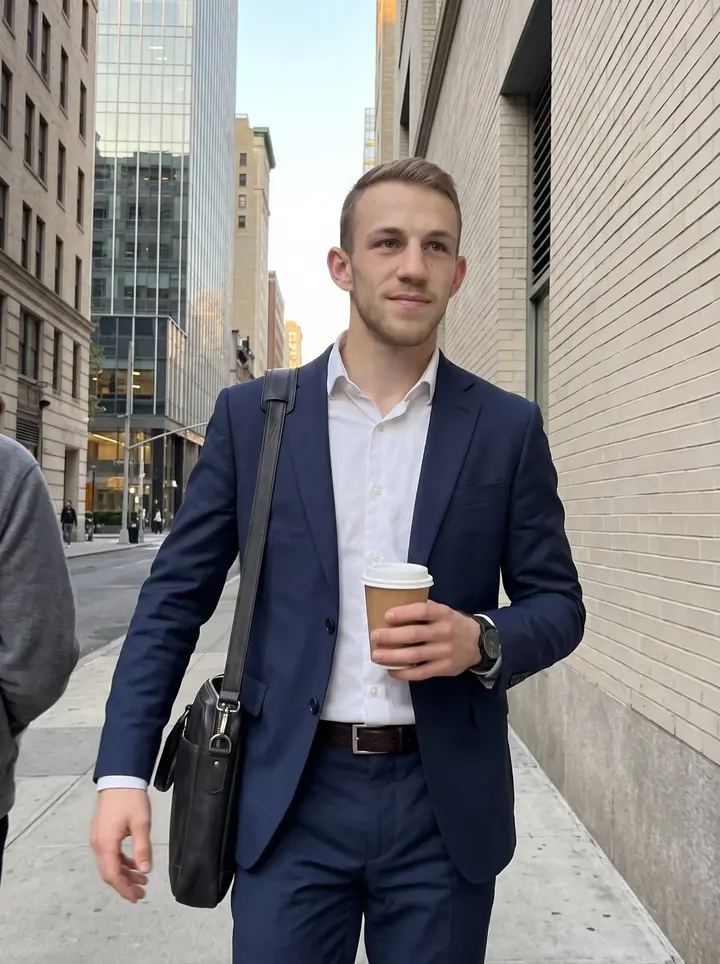 Toby, AI character: a quiet side street in Lower Manhattan after work, glass office towers catching low autumn sun behind him