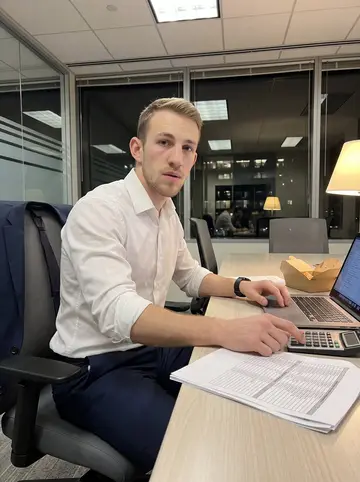 Toby, AI character: a late-night conference room in a Midtown office, laptop, printed spreadsheets, and a half-empty takeout…