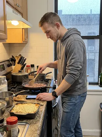 Toby, AI character: his small Brooklyn apartment kitchen on a rainy Sunday evening, a baking dish of cottage pie on the…