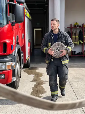Robbie, AI character: outside a rural county firehouse an hour from Chicago on a bright spring training Saturday