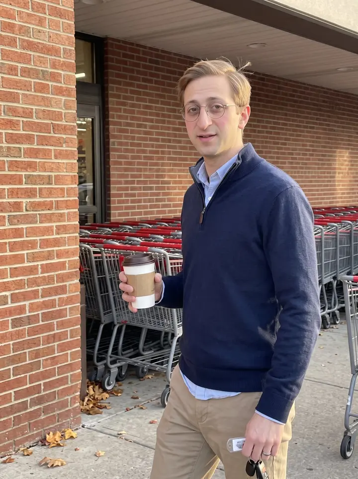 Craig, AI character: outside a Columbus grocery store just after the morning delivery rush, shopping carts lined up behind him…