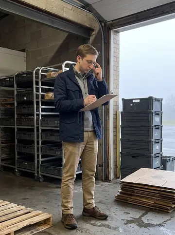 Craig, AI character: the loading bay behind one of his Columbus grocery stores at dawn, bread racks and stacked crates beside…