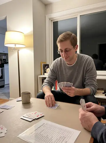 Craig, AI character: his sunroom in Columbus on a winter night, a card table set up near the windows, gin rummy cards and a…