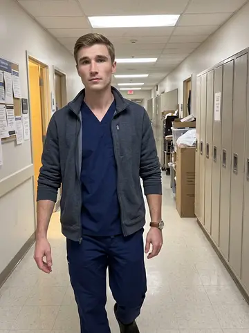 Sebastian, AI character: a quiet staff hallway outside the operating rooms at a Philadelphia hospital during a night shift