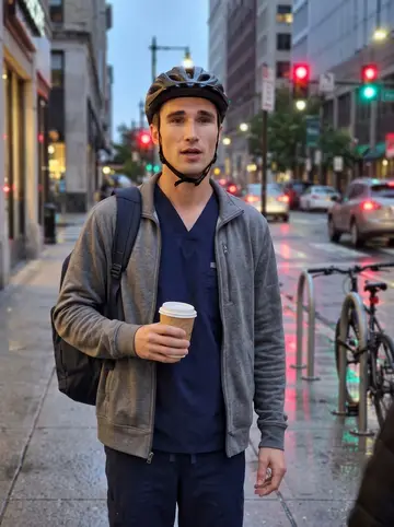 Sebastian, AI character: a damp Center City sidewalk near a bike rack after hospital rounds, wet pavement reflecting traffic lights