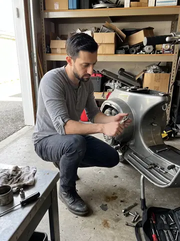 Muhammad, AI character: his rented garage off Cherokee Street, the half-restored 1978 Vespa on a stand beside shelves of parts and…