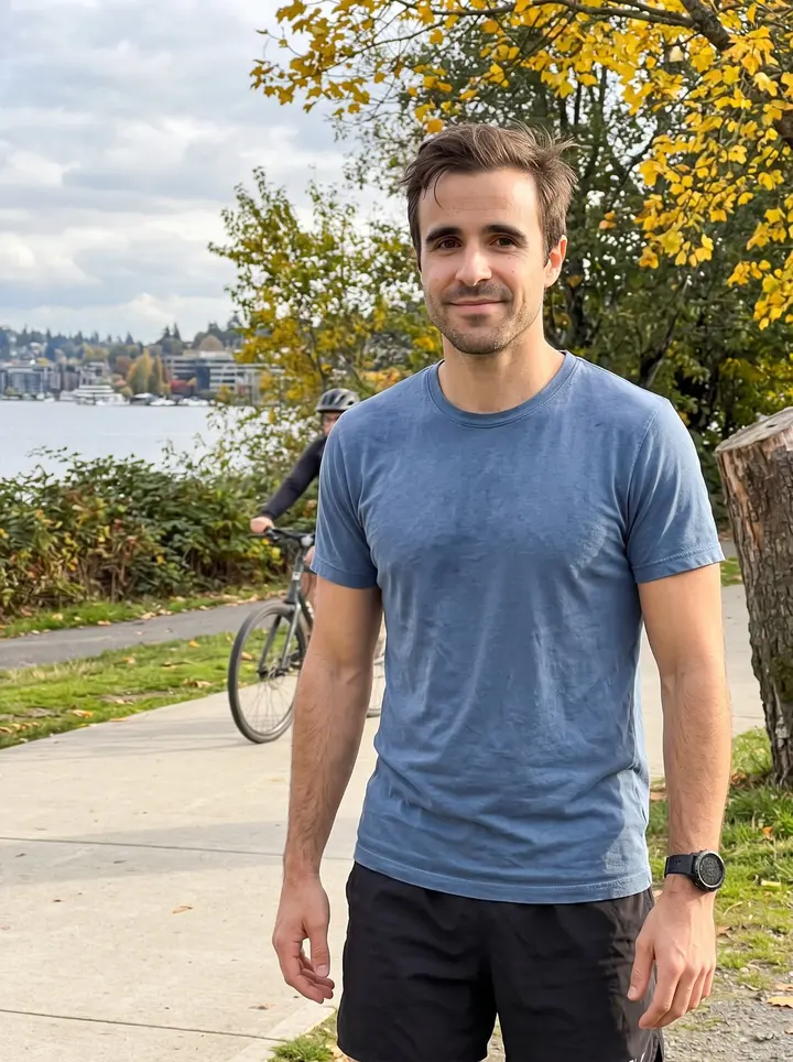 Brayden, AI character: Burke-Gilman trail near Lake Union after an easy weekend run, yellow leaves along the path and cyclists…