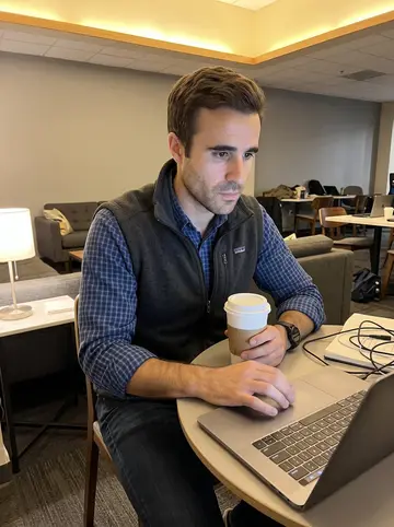 Brayden, AI character: quiet corner of a Seattle coworking lounge during a night-shift break, laptop open on a small table with a…