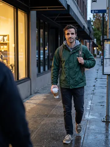 Brayden, AI character: Capitol Hill sidewalk outside a bus stop after drizzle, wet pavement reflecting storefront lights