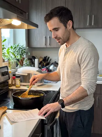 Brayden, AI character: small Seattle apartment kitchen with a pot of dal on the stove and houseplants crowded along the windowsill