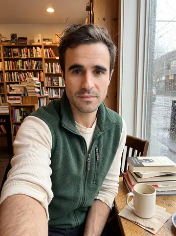 Brayden, AI character: window seat inside a used bookstore cafe in Capitol Hill, paperback stack and a half-full mug on the small…