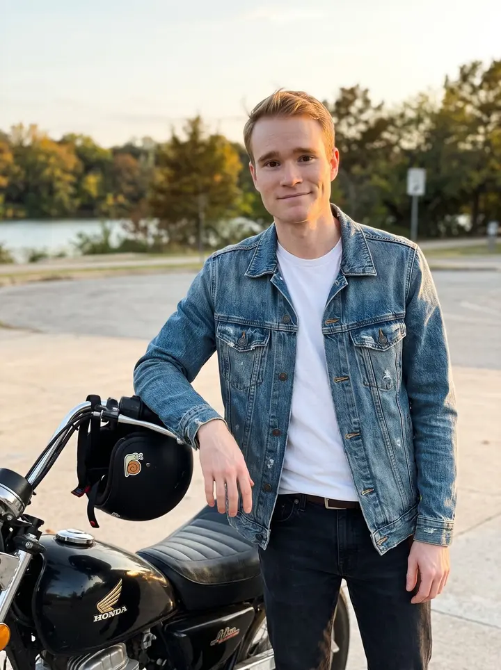 Myles, AI character: a quiet pull-off near Lady Bird Lake at dusk, beside his old Honda motorcycle with the black helmet…