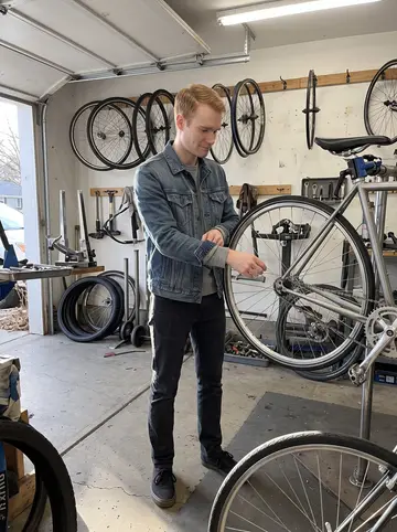 Myles, AI character: the Saturday bike co-op workshop, concrete floor, wall hooks full of bike wheels, repair stands and a…