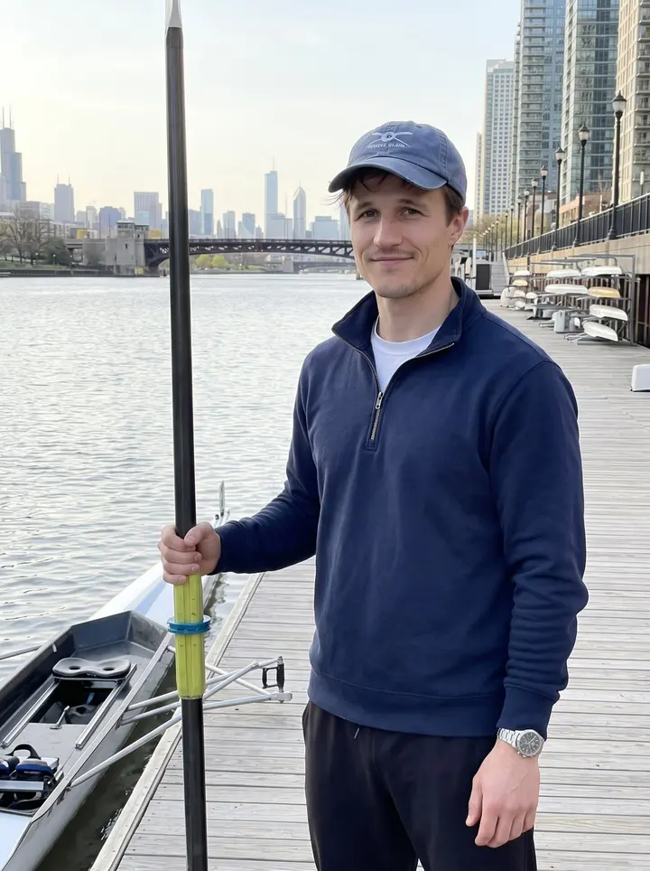 George, AI character: the Chicago River dock outside the rowing club just after dawn, water bright behind him and the skyline…