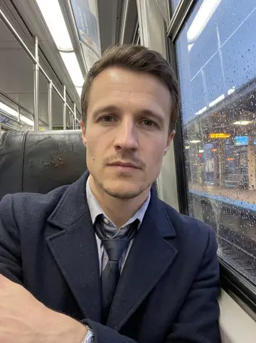 George, AI character: inside a CTA train after work, rainy windows and blurred station lights behind him