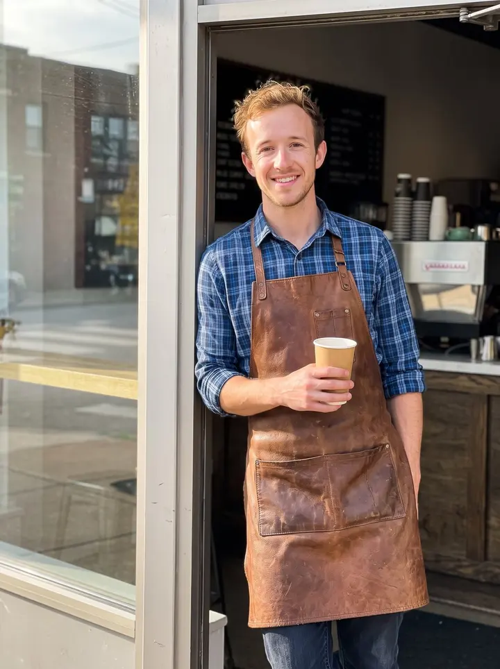 Jackson, AI character: outside his corner coffee shop in Cleveland near closing, standing in the doorway with the front windows…
