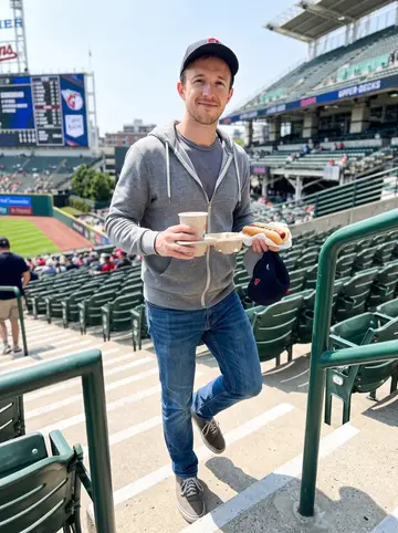Jackson, AI character: cheap upper-deck seats at a Cleveland Guardians game, concrete steps and green railings around him