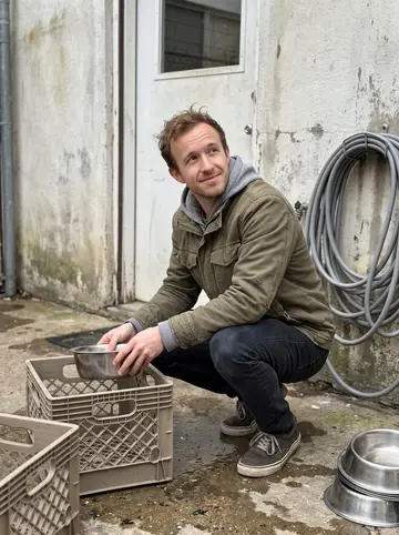 Jackson, AI character: outside the back entrance of the animal shelter on a Sunday afternoon, stacked metal bowls and a hose by…