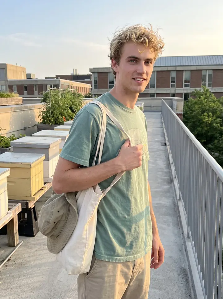 Zack, AI character: the UC Davis rooftop garden near the bee boxes at golden hour, tomato plants and campus buildings low in…