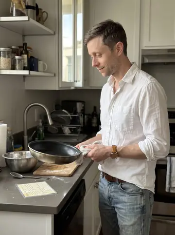 Billy, AI character: his San Francisco apartment kitchen, a handwritten recipe card propped beside a mixing bowl on the counter
