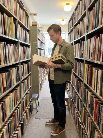 Billy, AI character: a second-hand bookstore in the Mission history aisle, narrow shelves on both sides and a stack of used…