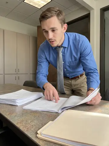 Jasper, AI character: small mortgage office conference room in Pittsburgh, folders and closing papers spread across a laminate table