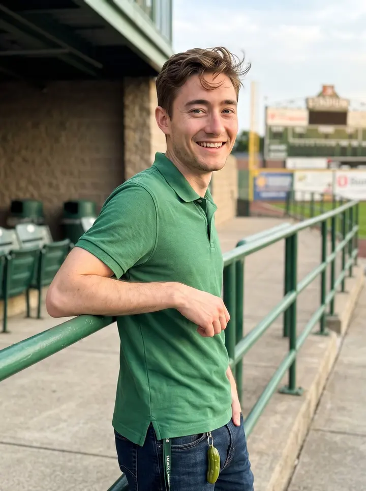 Jimmy, AI character: outside the minor-league baseball stadium in central Pennsylvania, leaning on a green metal railing near…