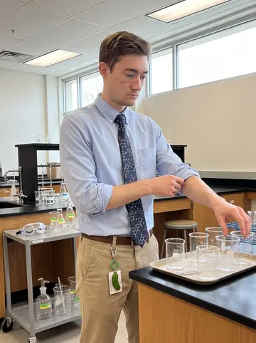 Jimmy, AI character: community college chemistry lab before an intro class, demo cart beside a lab bench, safety goggles and…