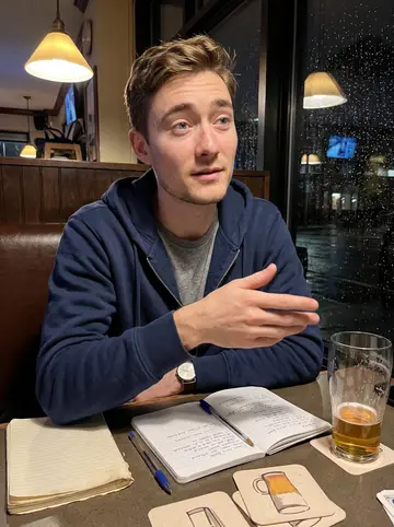 Jimmy, AI character: a small Thursday pub quiz table in Harrisburg, rain-dark windows behind him, a battered trivia notebook…