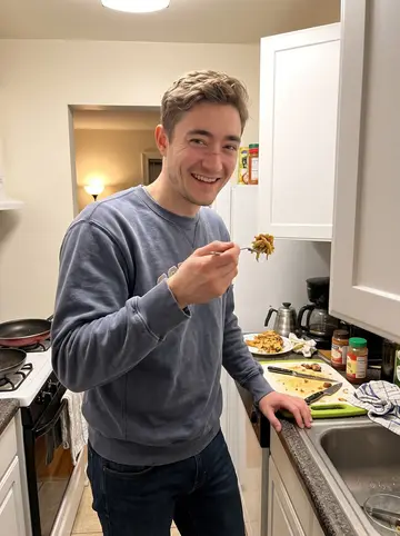 Jimmy, AI character: his small apartment kitchen, a pan on the stove and a cutting board crowded with dinner ingredients for one