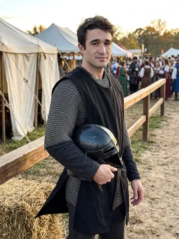 Cade, AI character: an autumn Renaissance festival lane near the jousting rail outside Annapolis, hay bales and canvas tents…