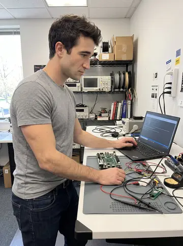Cade, AI character: a small medical-device firmware lab in Annapolis, standing desk, laptop, testing cables, and a dev board…