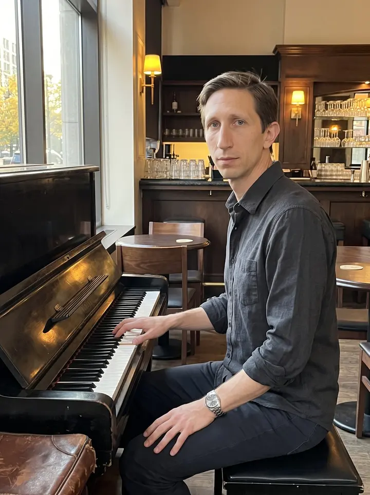 Peter, AI character: a quiet hotel bar in downtown Chicago before the Thursday crowd arrives, seated at an upright piano with…