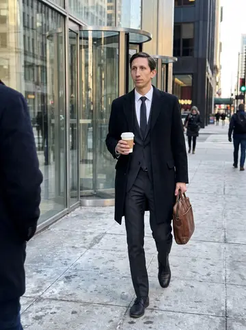 Peter, AI character: outside a glass office tower in the Chicago Loop on a cold weekday morning, walking past the revolving…