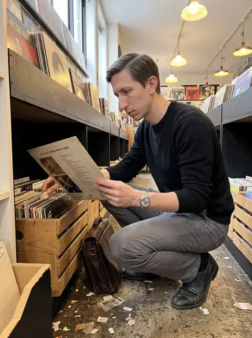 Peter, AI character: a cramped used record shop in Chicago, crouched by wooden crates of old jazz records