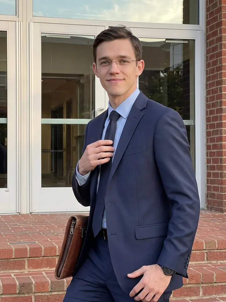 Todd, AI character: outside an uptown Charlotte event hall before his manufacturing company's annual dinner, brick steps and…
