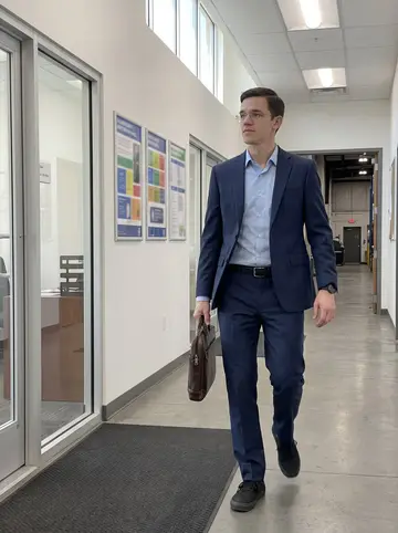 Todd, AI character: walkway between the finance office and the factory floor at a Charlotte manufacturing plant
